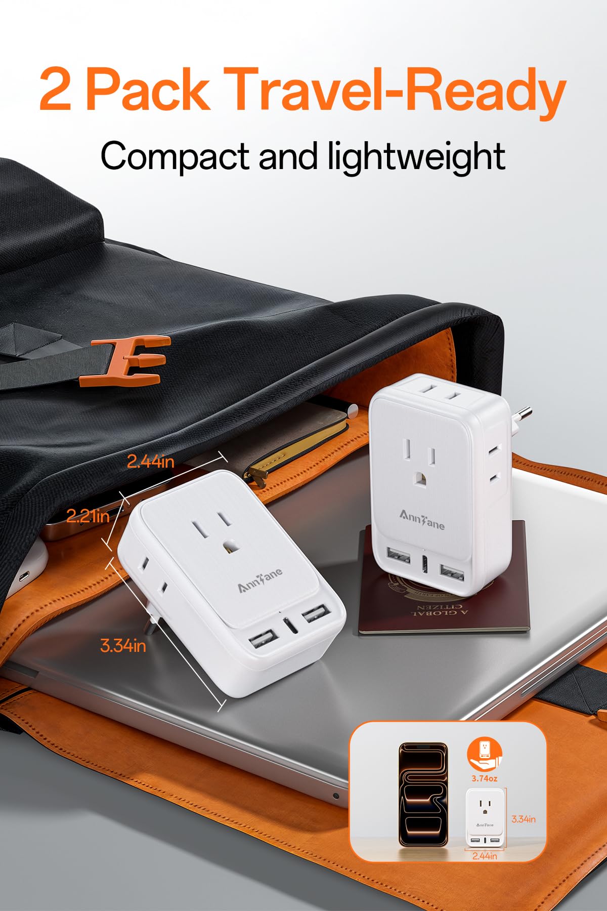 AnnTane compact travel size adapter fits easily in a bag