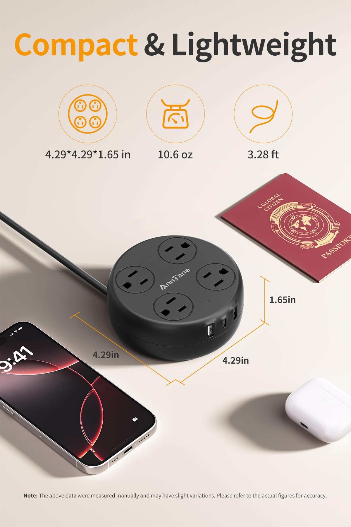 AnnTane compact dimensions guide for easy packing and storage.