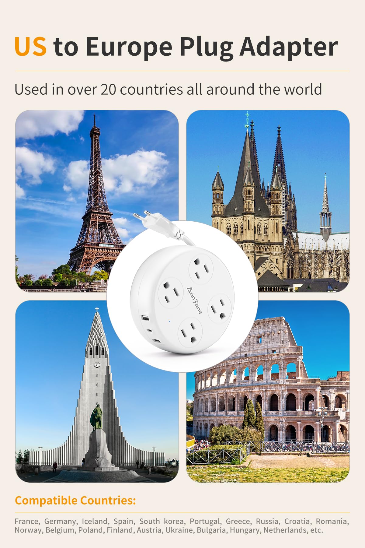 AnnTane EU outlet adapter with 4 AC ports supports multiple devices.