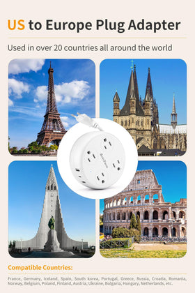 AnnTane EU outlet adapter with 4 AC ports supports multiple devices.