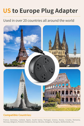 AnnTane adapter shows four EU outlets for multiple devices charging.