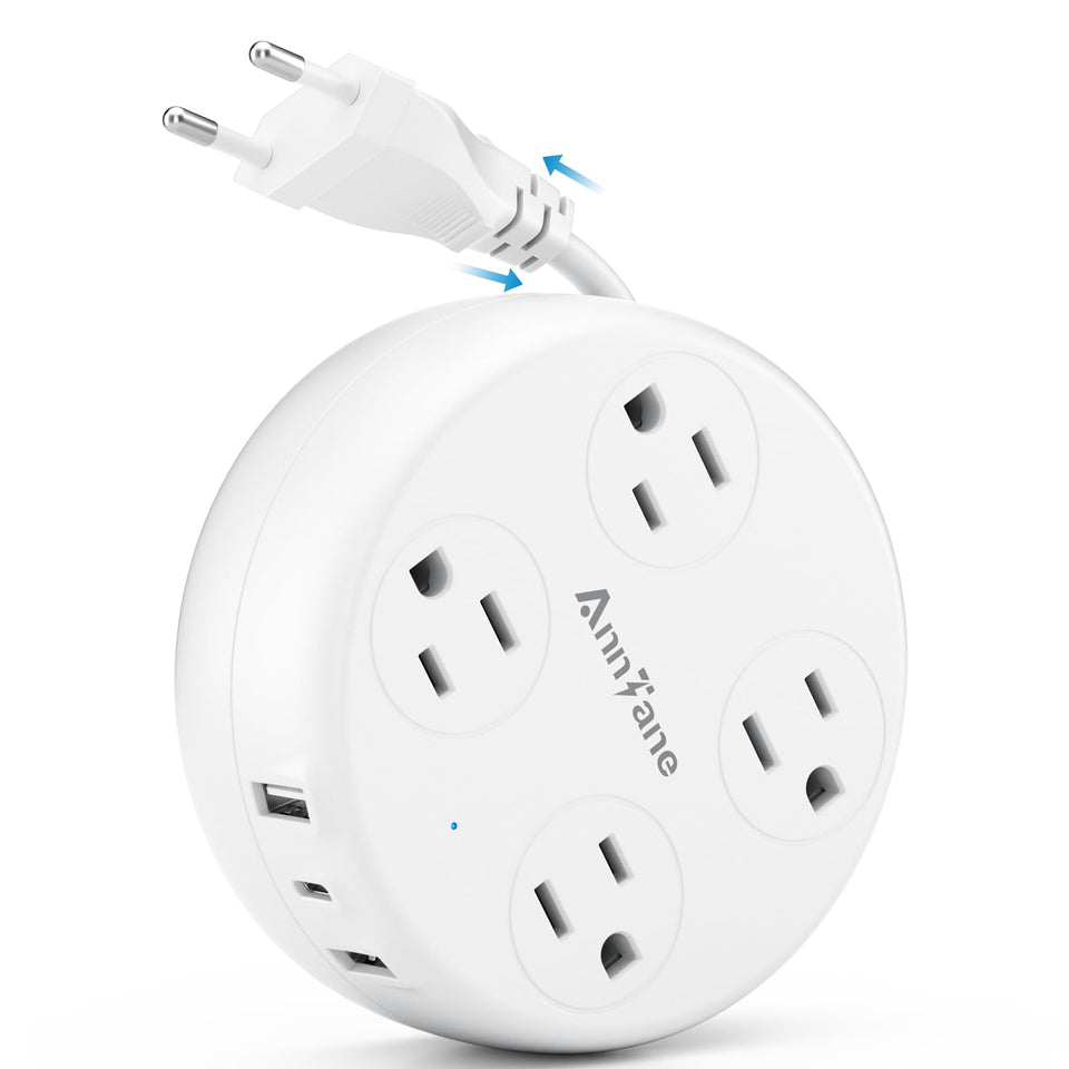 AnnTane European travel adapter with retractable strip for neat packing.