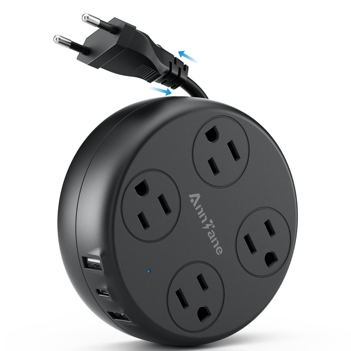 AnnTane European Travel Plug Adapter with retractable cord for neat packing.
