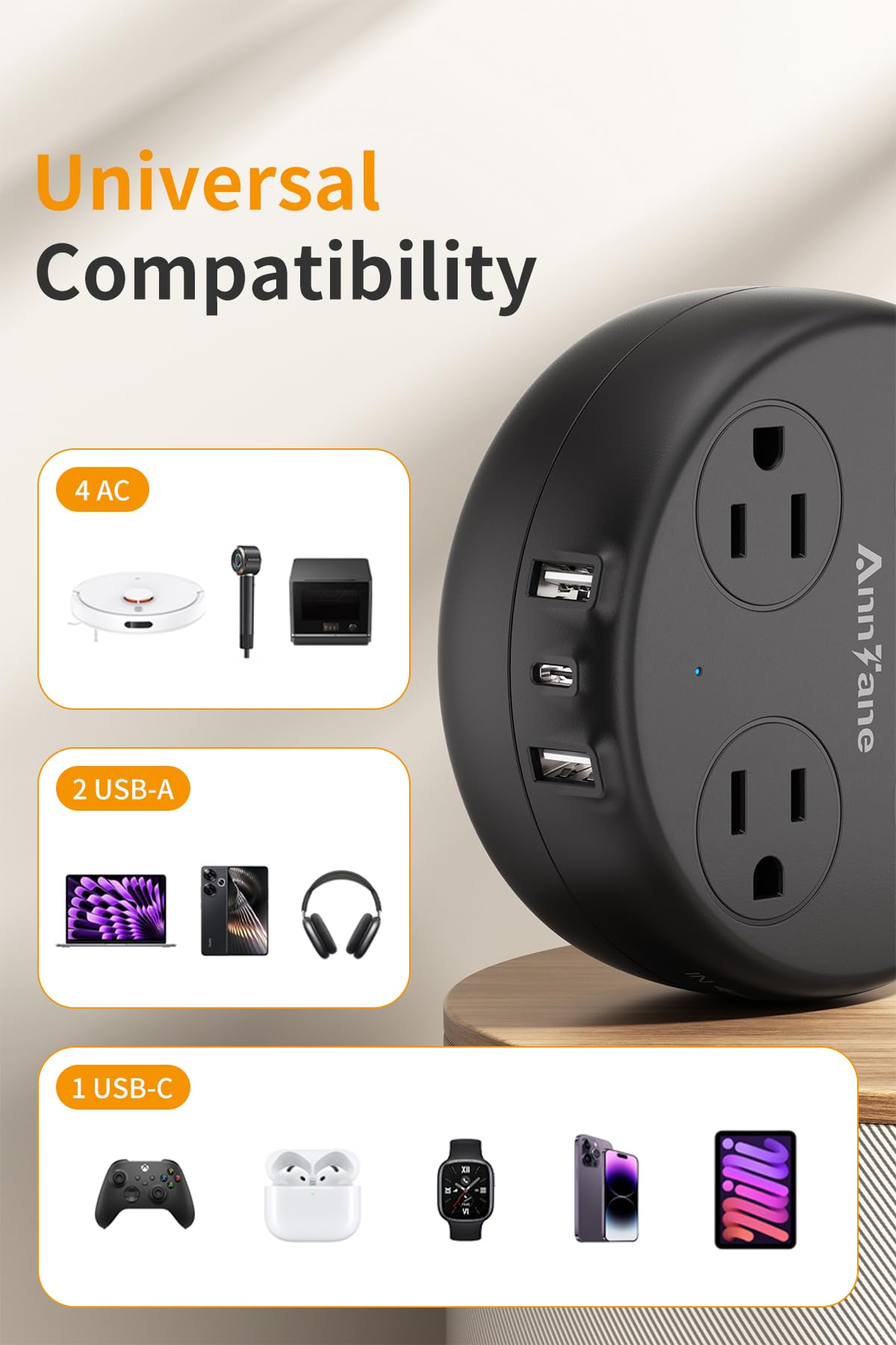 AnnTane 250V/10A outlets power laptops, cameras, and phones across Europe.