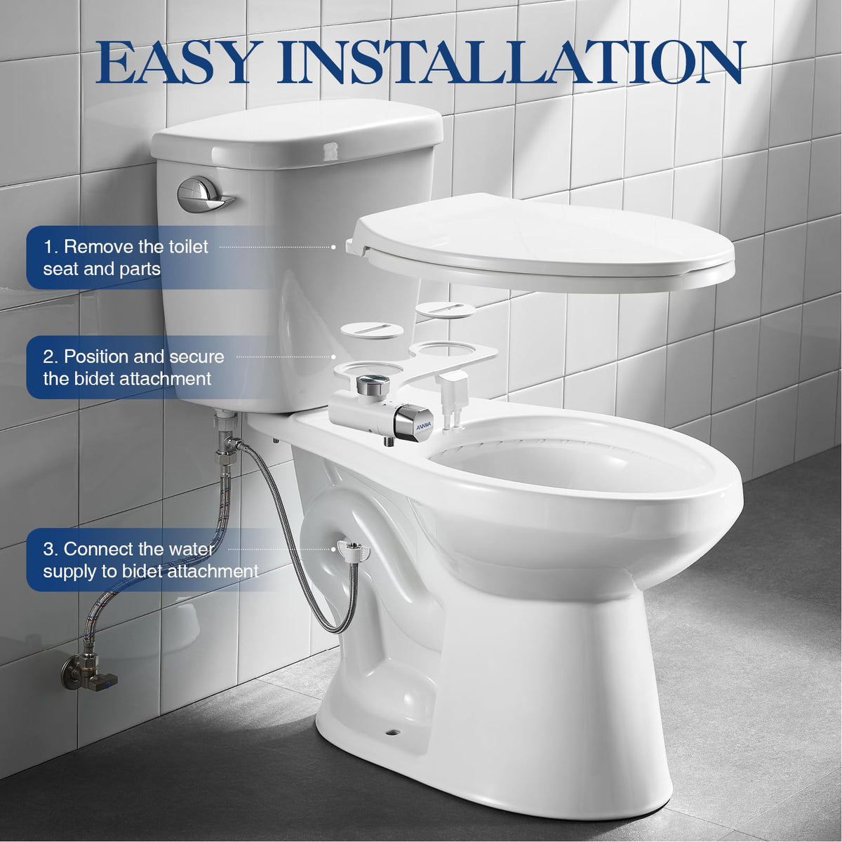ANNWA bidet attachment self-cleaning feature retracts and rinses nozzles.