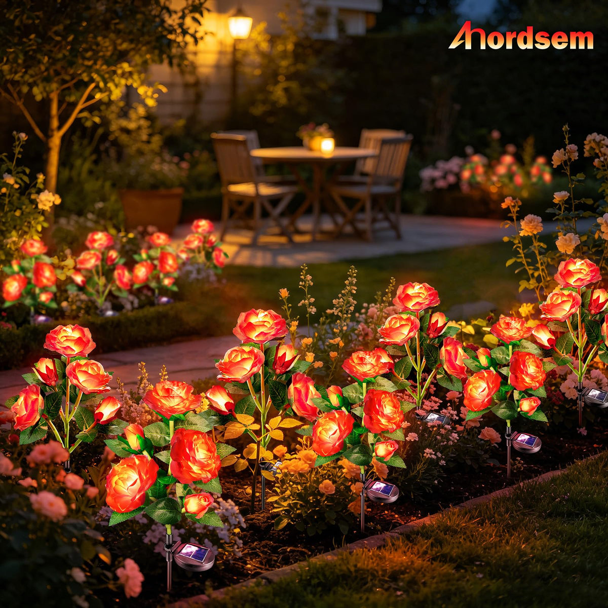 Anordsem rose light on a patio creates a cozy, romantic ambiance.