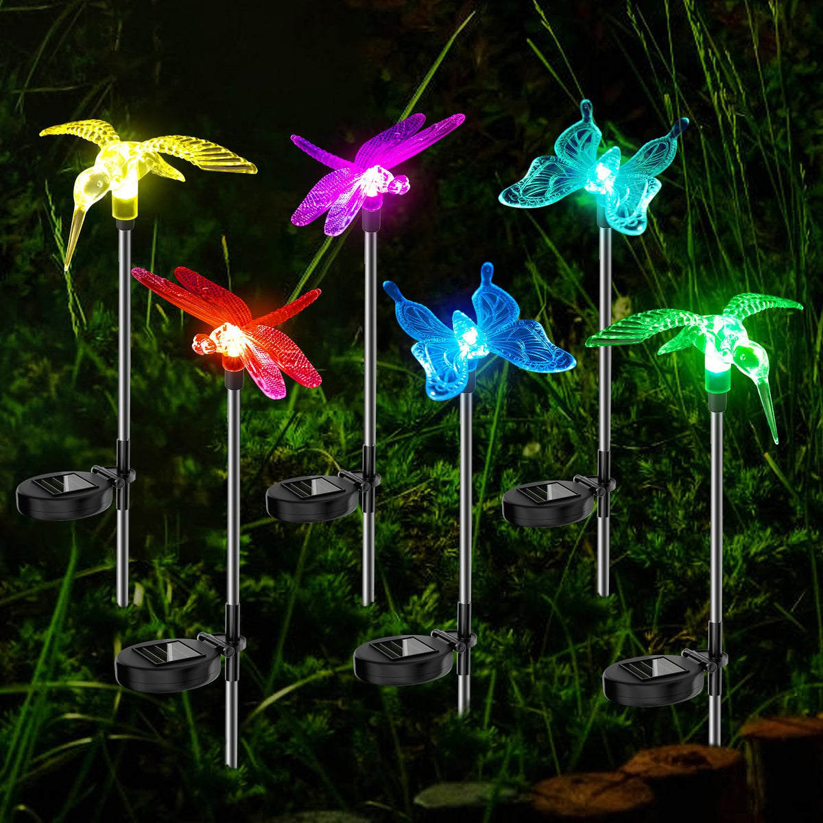 Anordsem solar butterfly light head emits color-changing glow for garden paths.