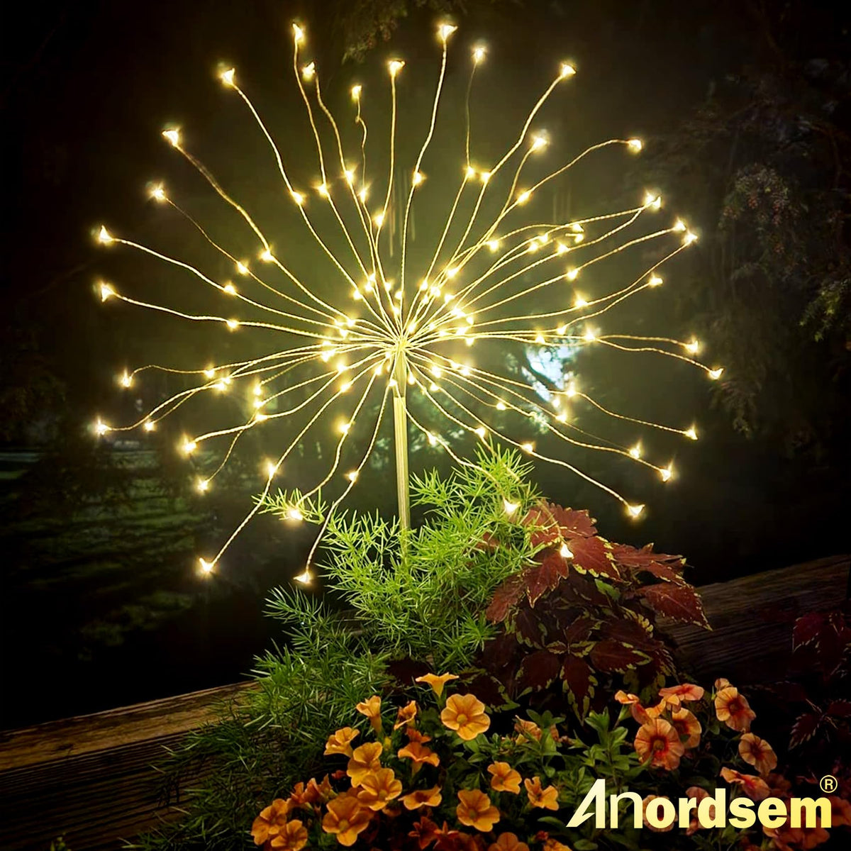 Anordsem 120 LED firework beads brighten pathways for festive garden accents.