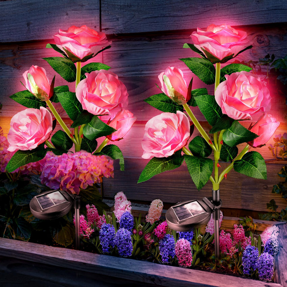 Anordsem solar garden lights: pink rose glow for outdoor decor and path lighting.