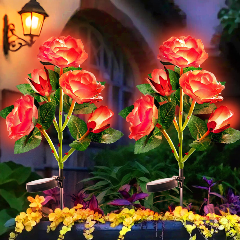 Anordsem solar rose lights illuminate the backyard with a warm, romantic glow.