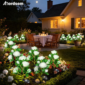 Anordsem solar rose lights accent a patio with warm light.