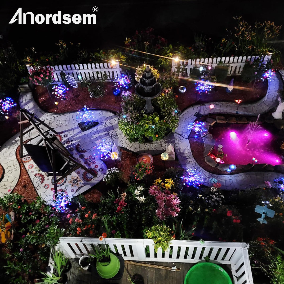 Anordsem night ready lighting enhances garden ambience safely outdoors.