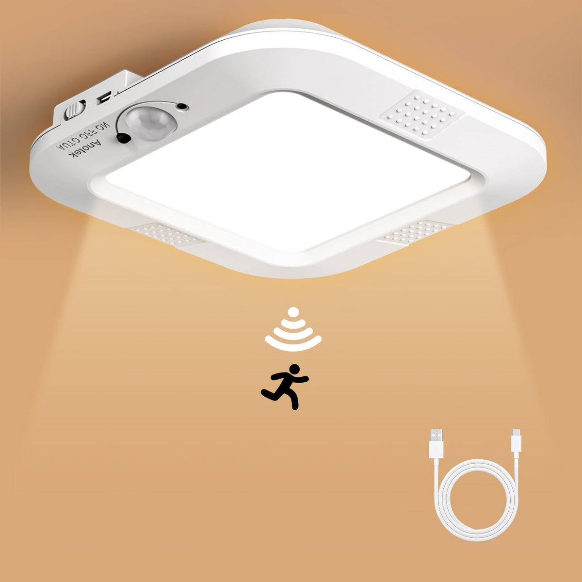 ANOTEK rechargeable motion sensor ceiling light shows 220lm brightness in a hallway.