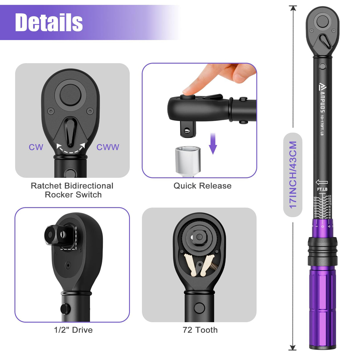 ANPUDS torque wrench click signal ensures safe, consistent torque application.