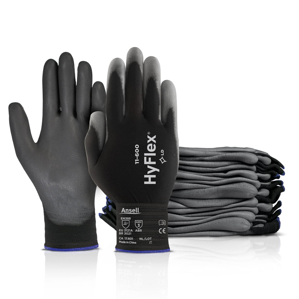 Ansell HyFlex 11-600 palm-coated gloves for metal fabrication tasks with tactile grip