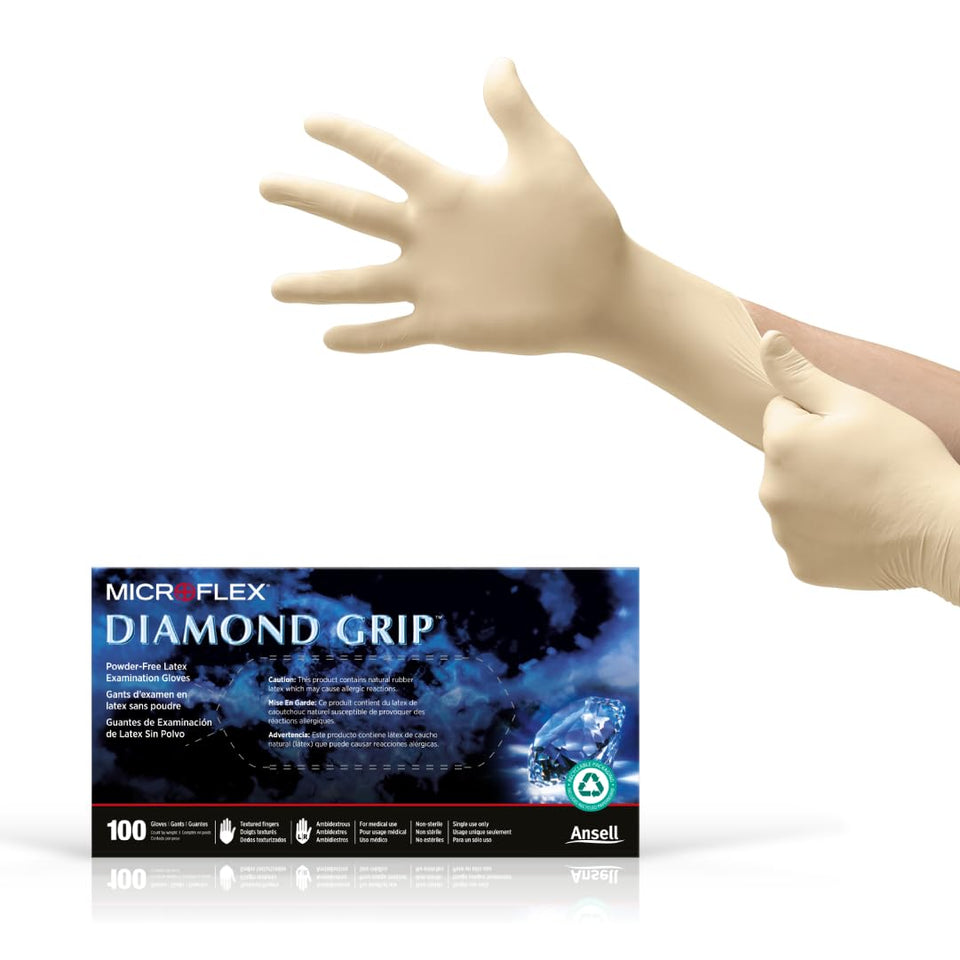 Ansell Microflex MF-300 gloves with textured fingertips for secure grip.