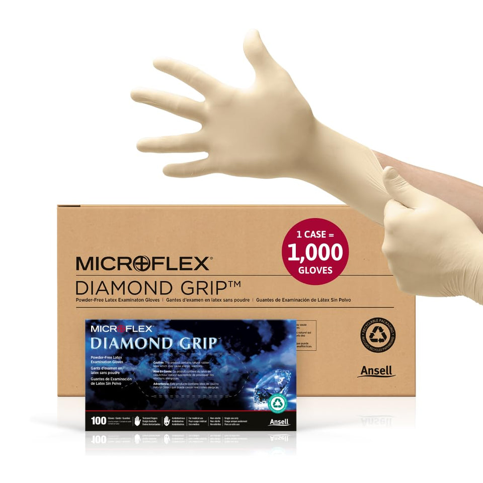 Ansell Microflex Diamond Grip MF-300 gloves with textured fingertips for secure grip in oily tasks.