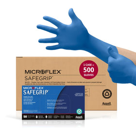 Ansell Microflex SG-375 blue glove with textured fingertips for secure grip in labs
