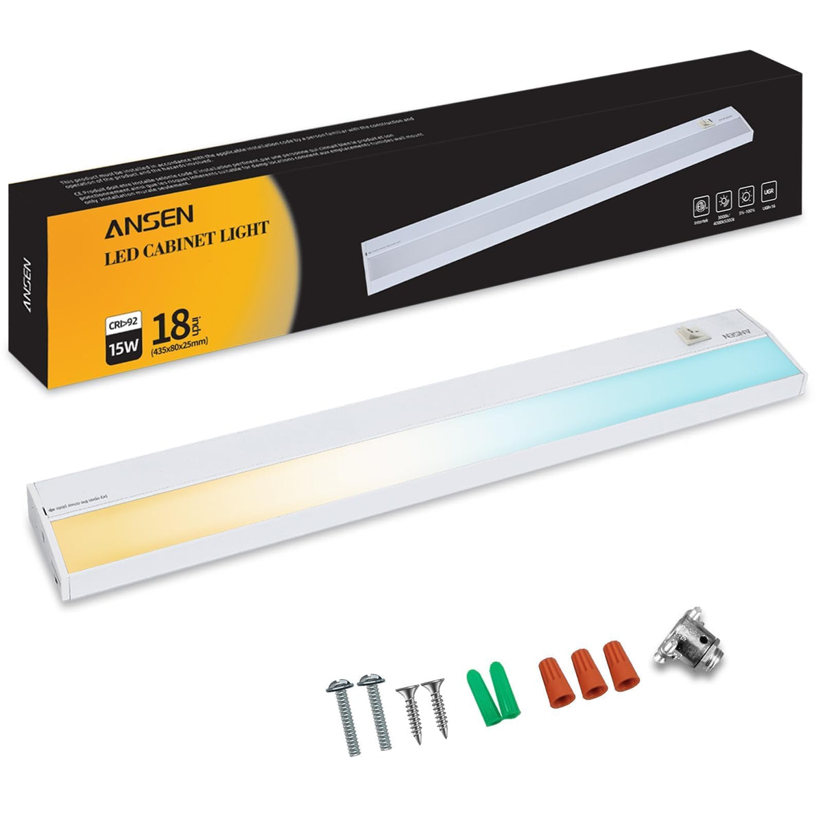 Ansen hardwired under-cabinet light, front view, bright countertop illumination.