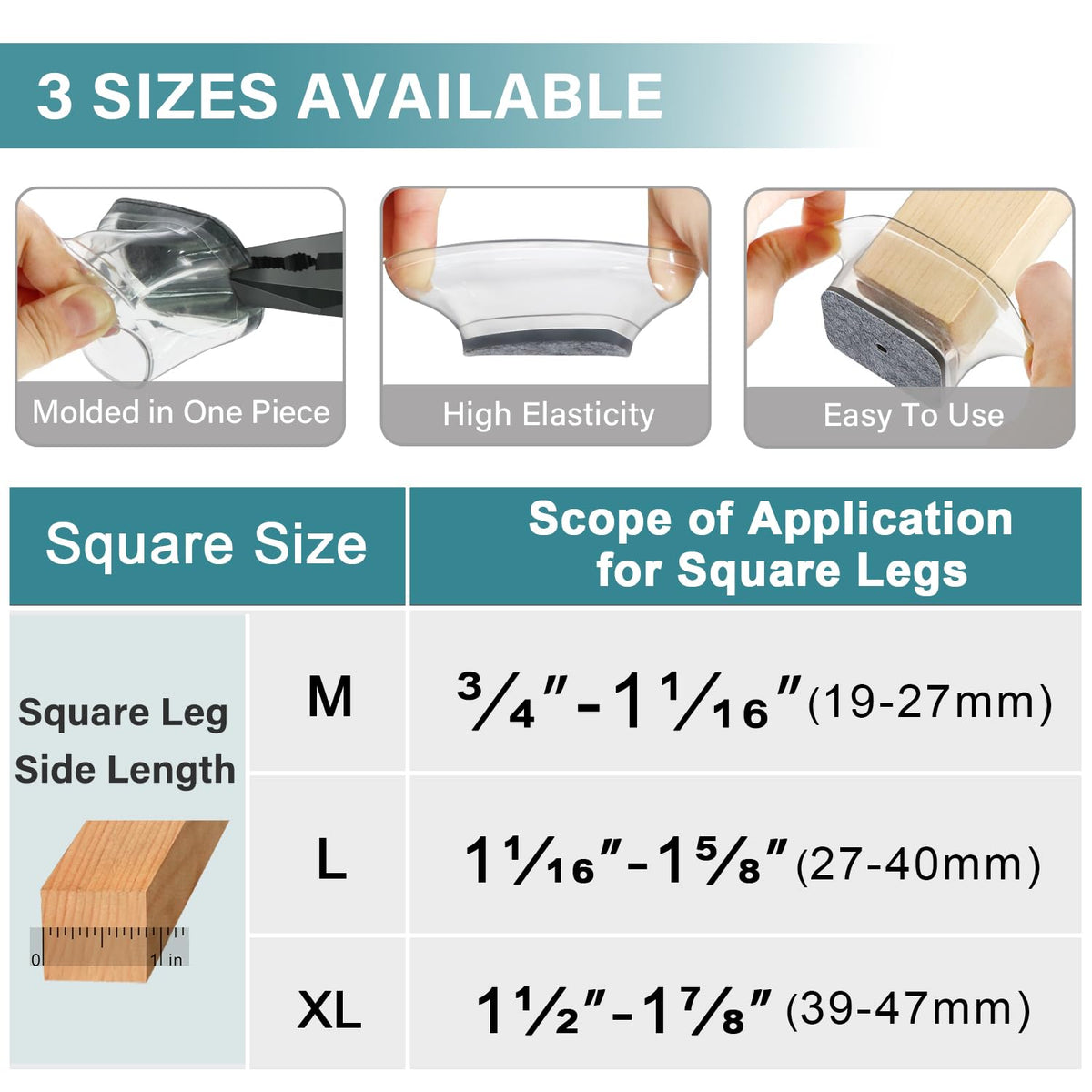 Ansible chair leg protectors square noise reduction suggests quieter movement on hard surfaces.