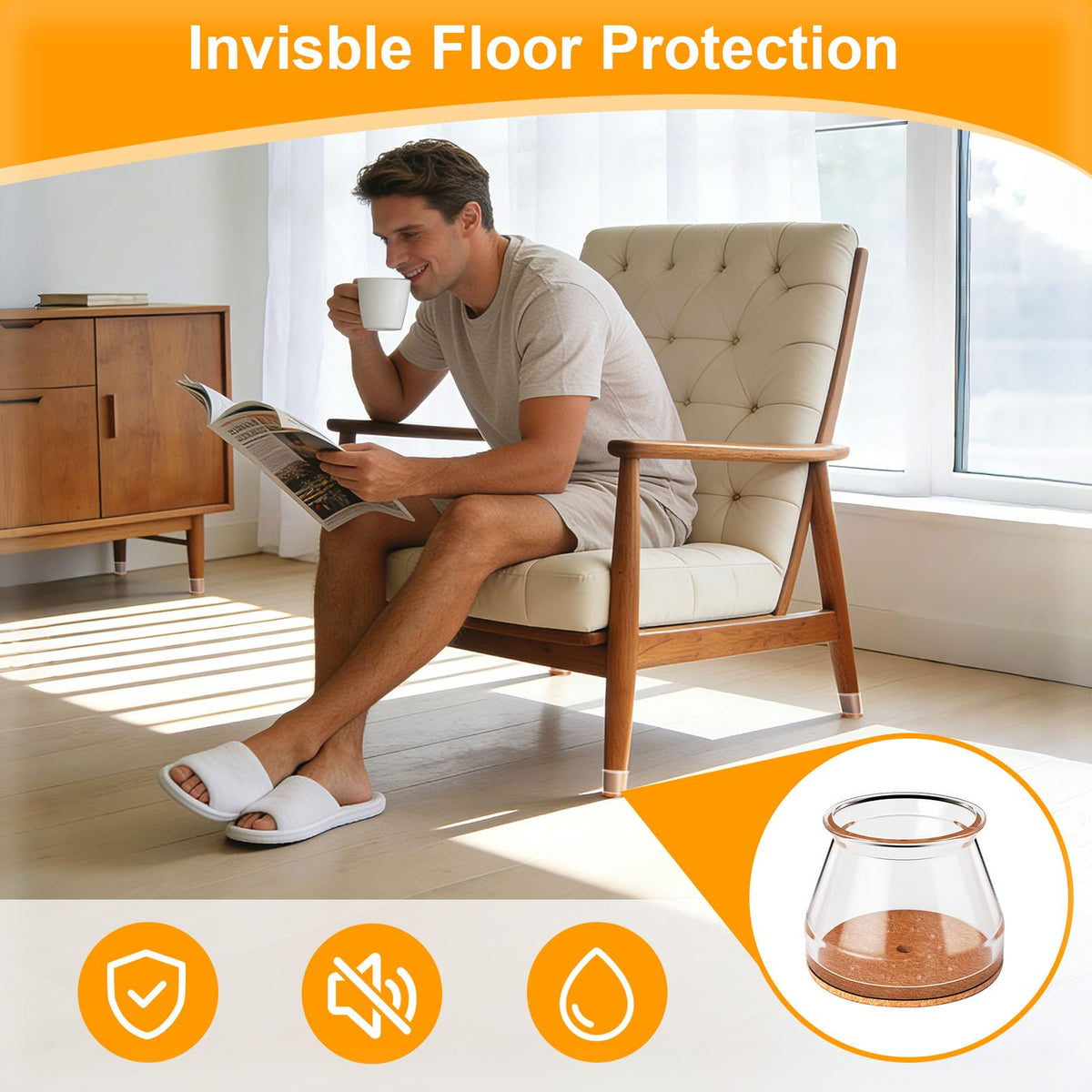 Ansible slip-on chair caps install without tools for quick floor protection.