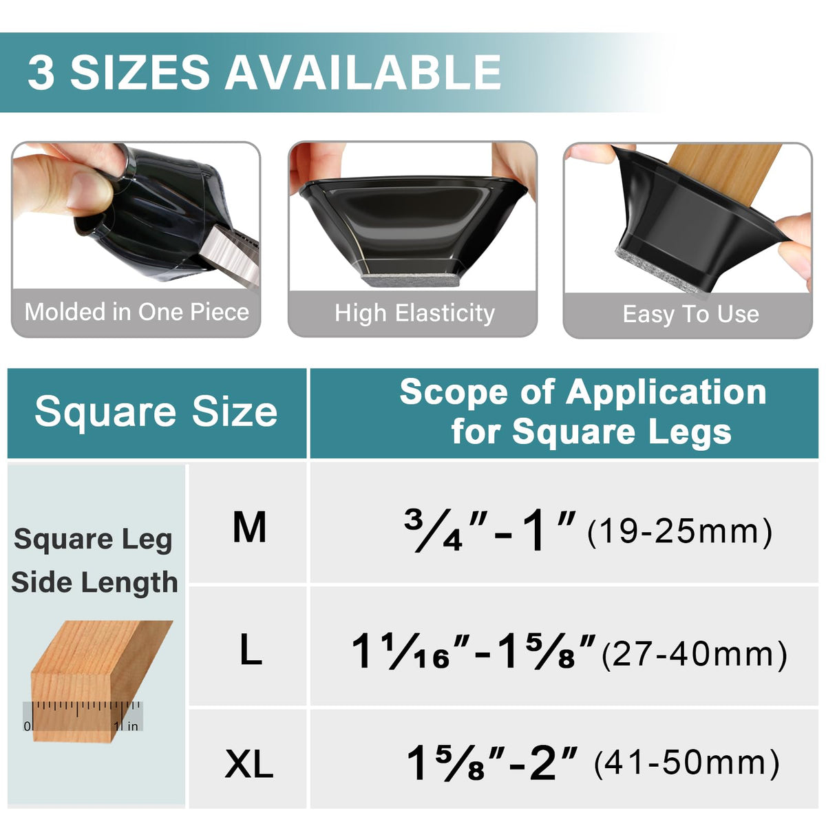 Ansible square chair leg protectors close-up showing integrated silicone and felt