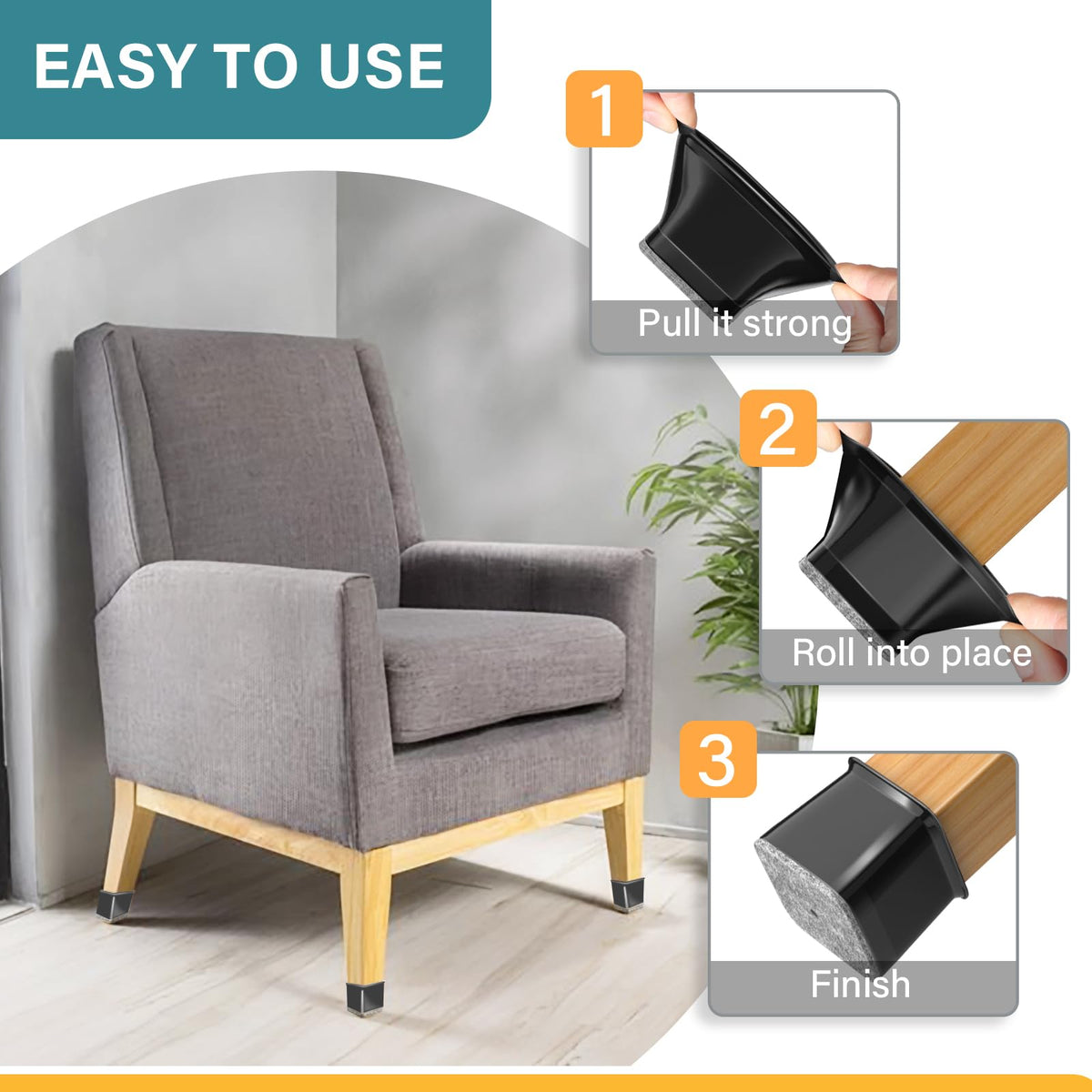 Ansible square chair leg protectors installed on chair feet for floor protection