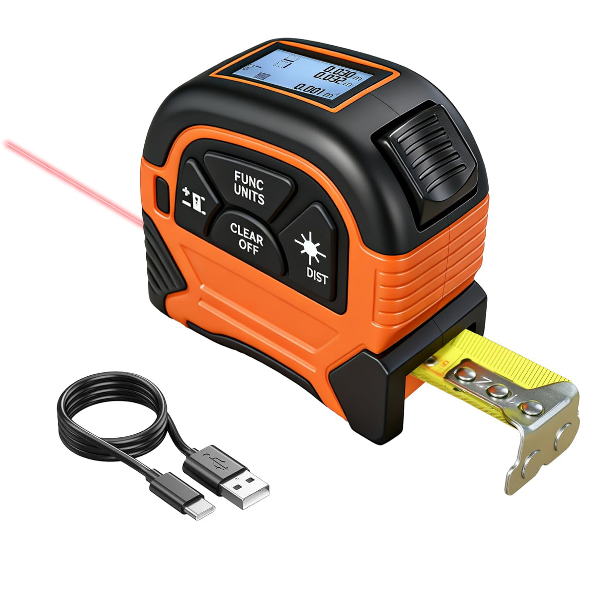 Ansigtny 2-in-1 laser tape measure with digital readout for long-range accuracy.