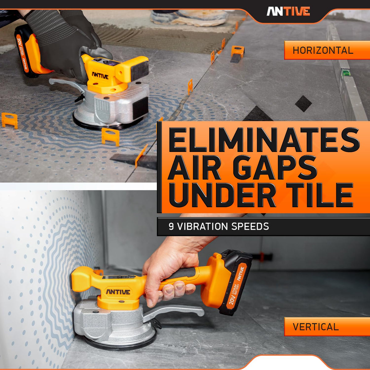Antive tile vibration tool supports ceramic, marble, porcelain, and stone tile materials.