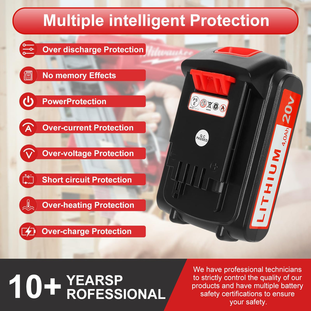 ANTOOLOCKER safety certificates (ROHS, CE, FCC) on battery packaging