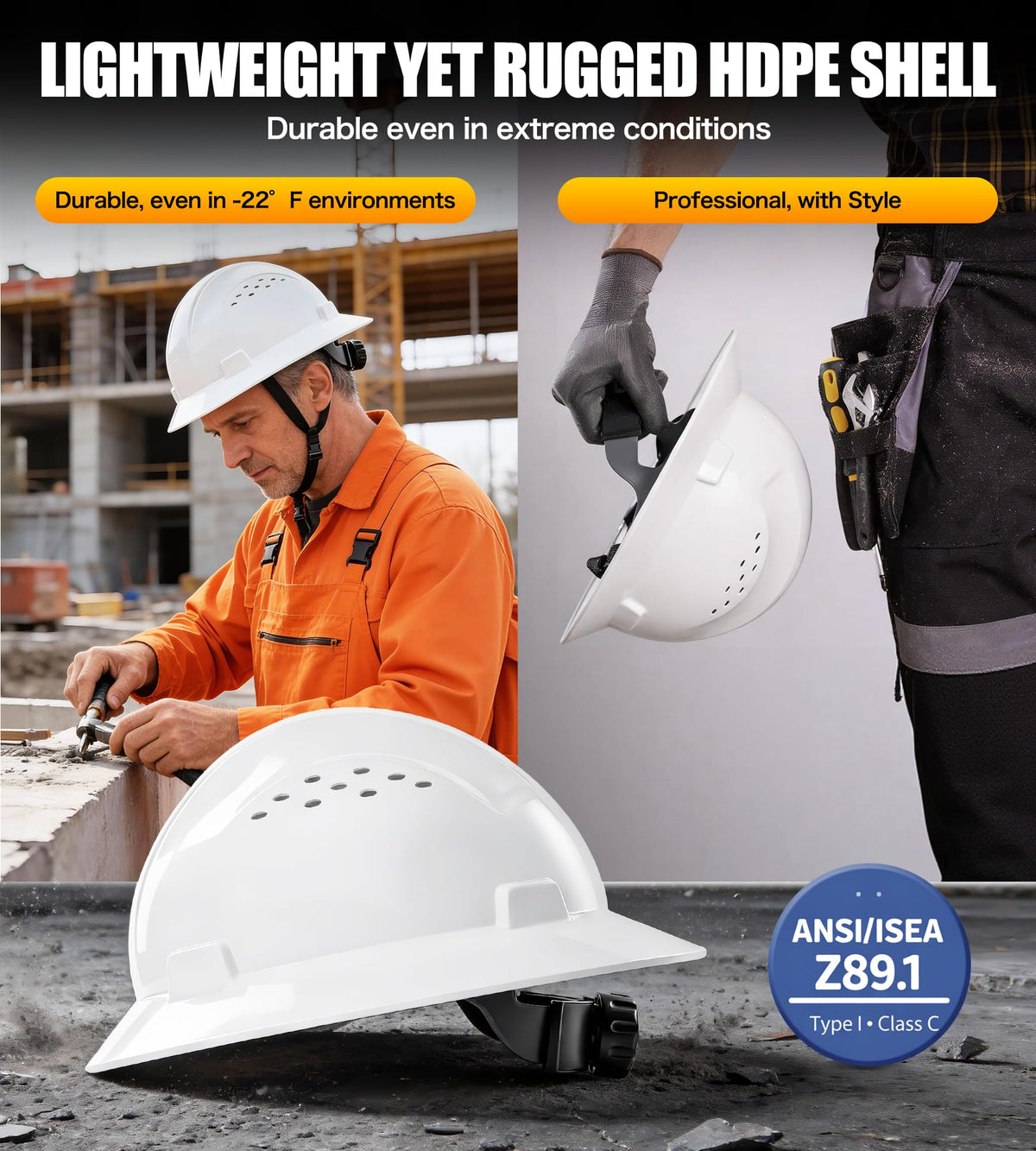 AnTools HDPE construction helmet combines strength with lightweight comfort.