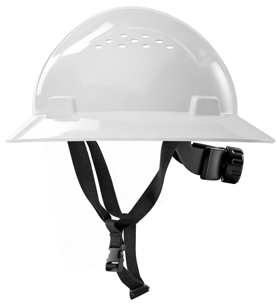 AnTools white full-brim hard hat front view for enhanced head protection on site.