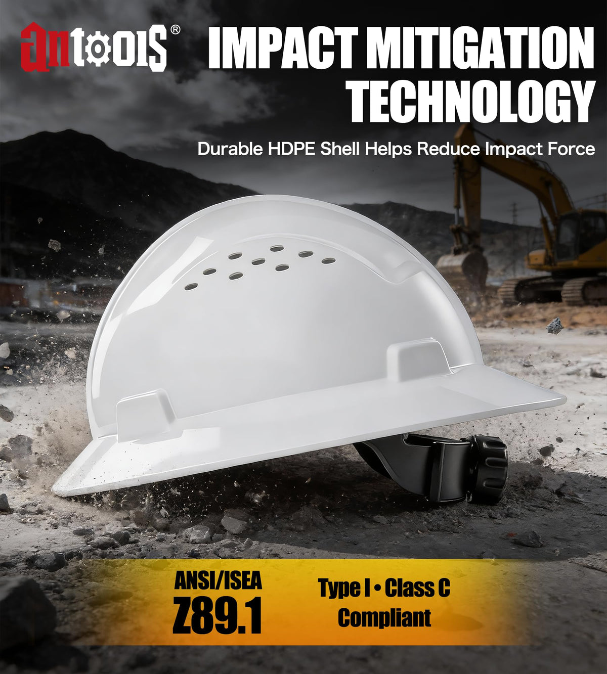 AnTools white full-brim hard hat side view showing adjustable suspension.