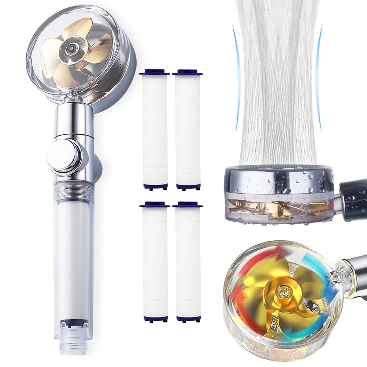 ANTOWER propeller shower head with jet mode for deep cleansing.