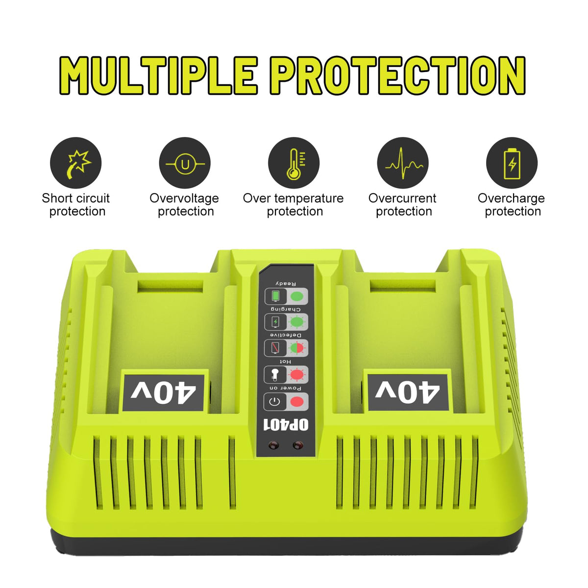 ANTRobut OP401 charger compatible with Ryobi 40V batteries like OP4030/4040/4060.