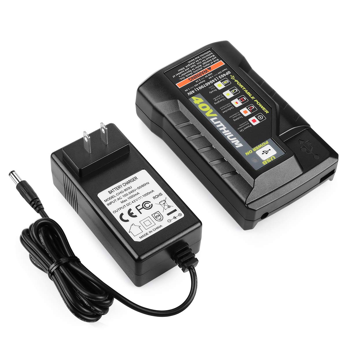 ANTRobut OP404 Ryobi 40V charger front view, compact design for portable charging