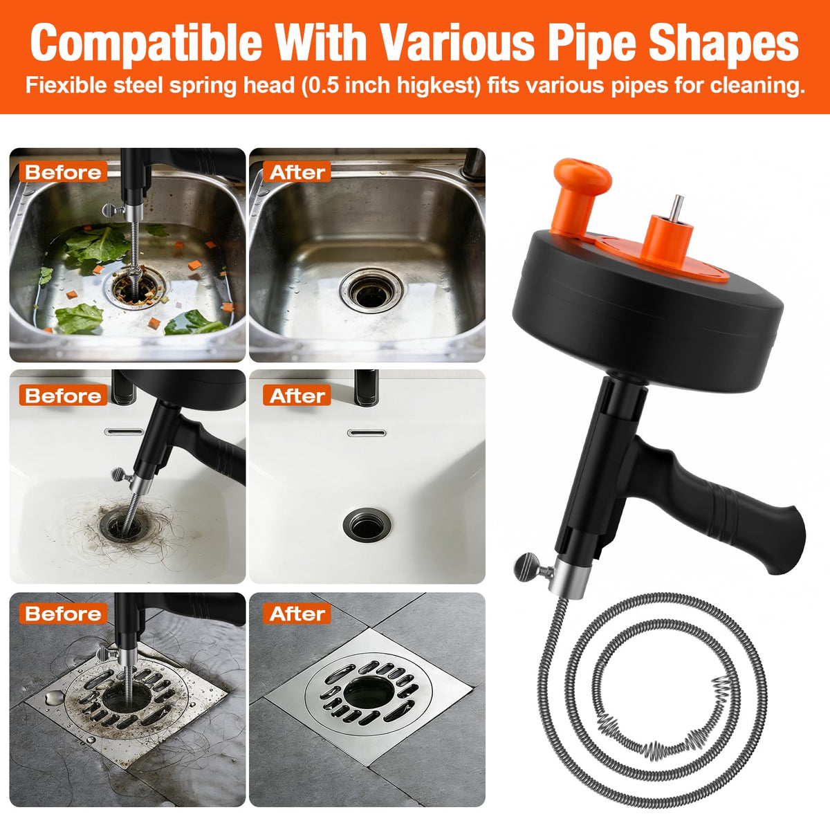 ANTSYLVE Drain Auger drill-powered option clears stubborn blockages quickly.