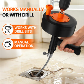 ANTSYLVE dual-mode operation showing manual crank and drill use for versatile drain clearing.