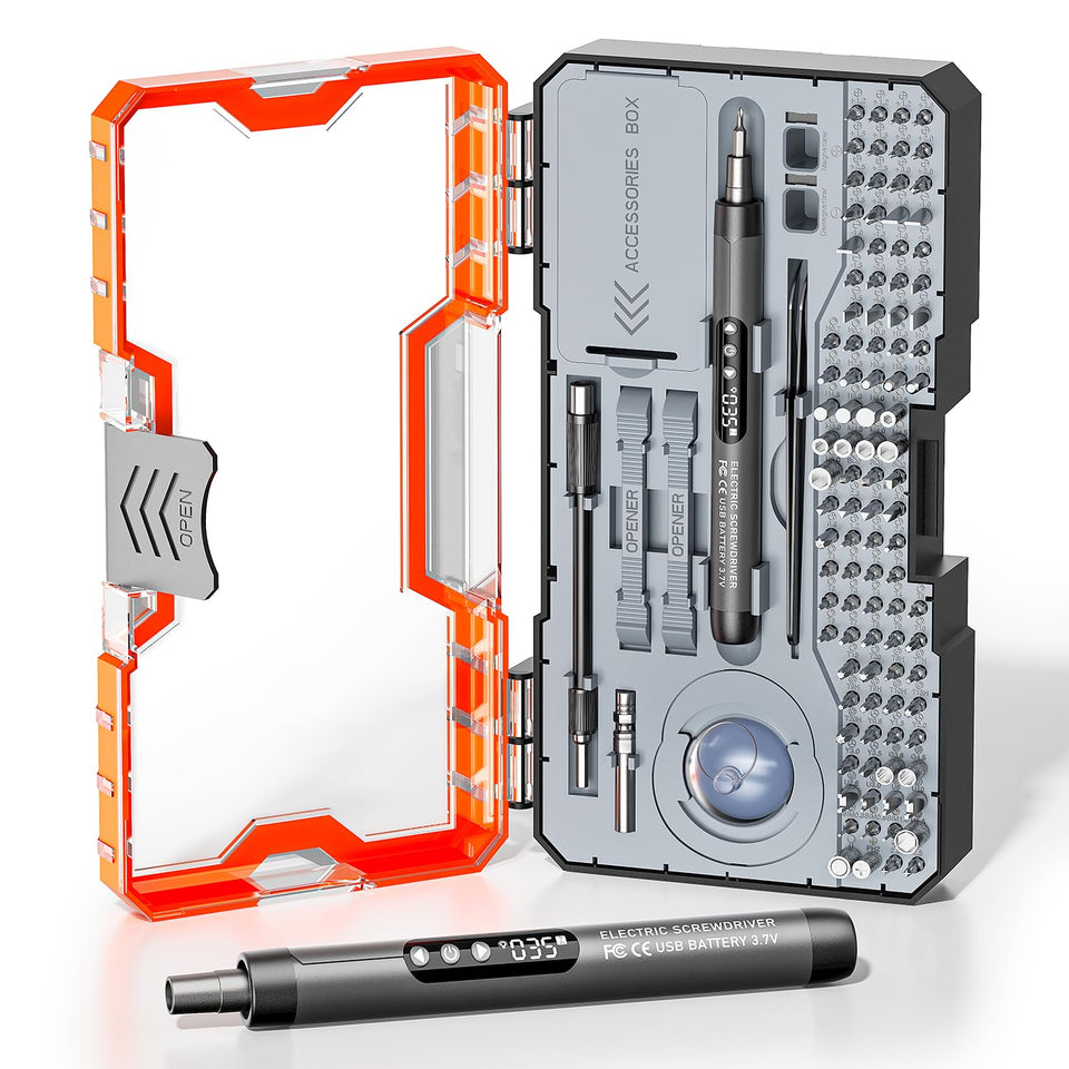 ANVANNA 120-in-1 mini electric screwdriver set case cover shows compact organization for quick repairs.