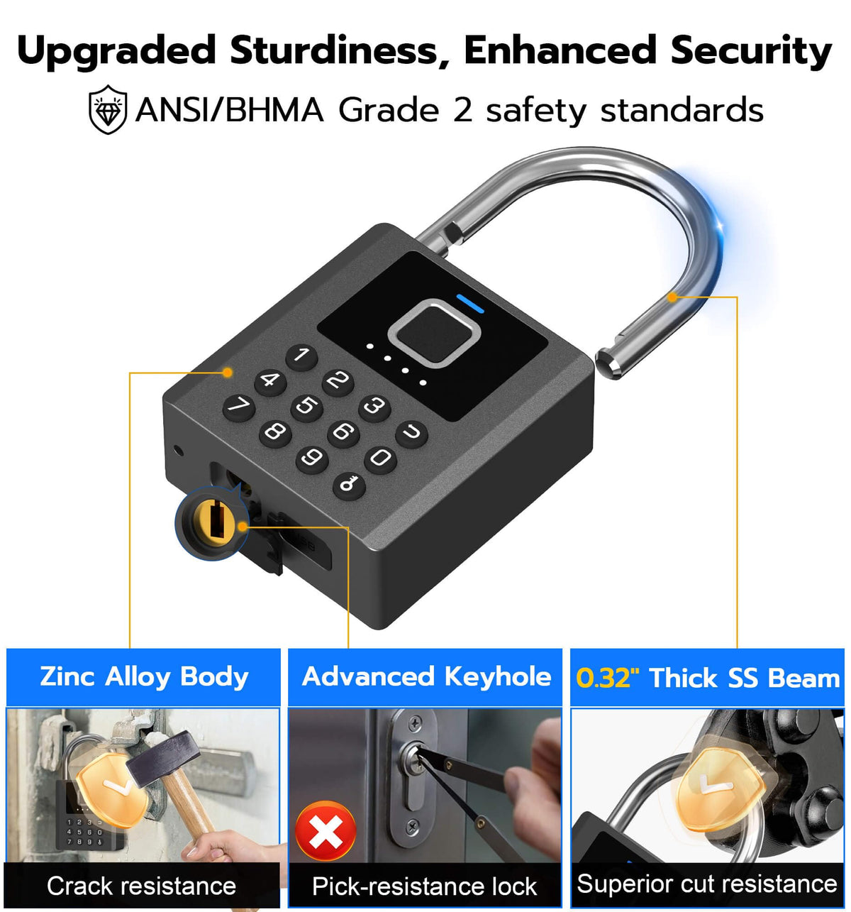 Anweller hardened stainless steel shackle protects against cutting and tampering.