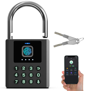 Anweller heavy duty fingerprint padlock with keypad mounted on a gate for secure outdoor access.