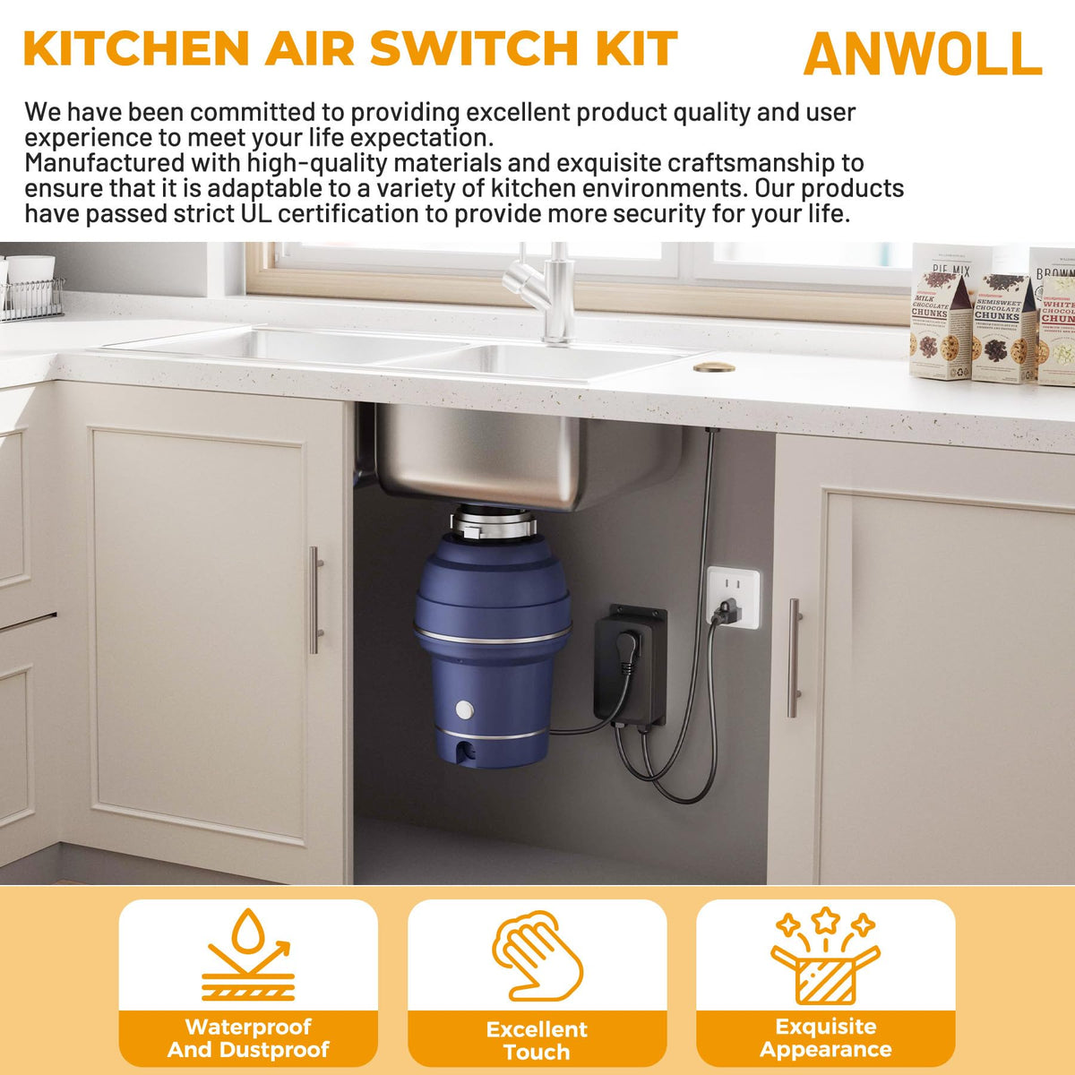 ANWOLL air switch UL listed label confirms safety compliance at a glance.