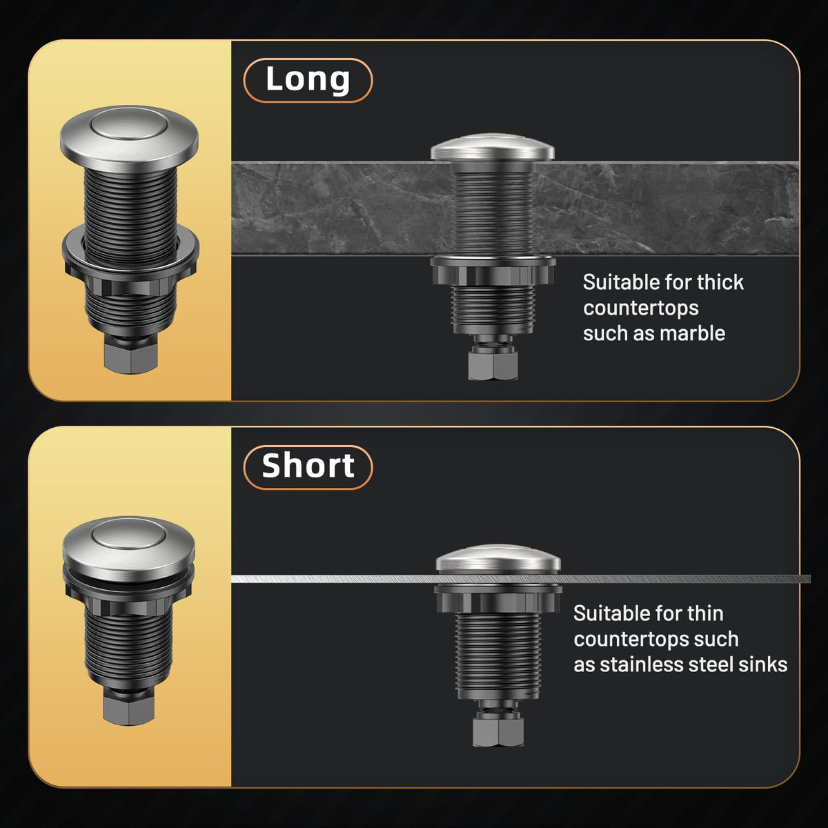 ANWOLL button-length options image illustrates LONG and SHORT fit for various countertops.