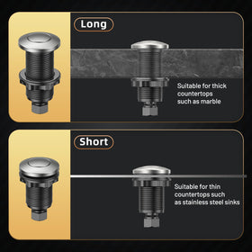 ANWOLL button-length options image illustrates LONG and SHORT fit for various countertops.