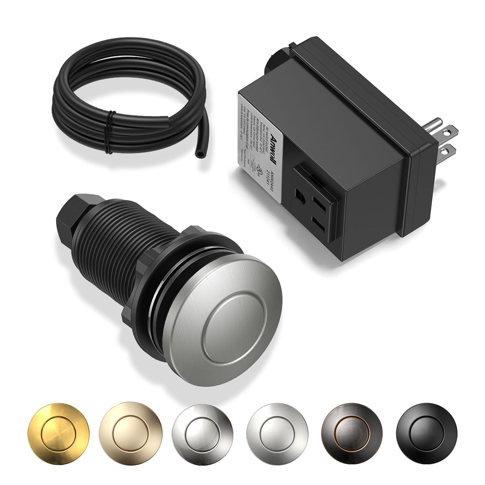 ANWOLL disposal air switch with brushed-nickel finish enabling easy tool-free operation.