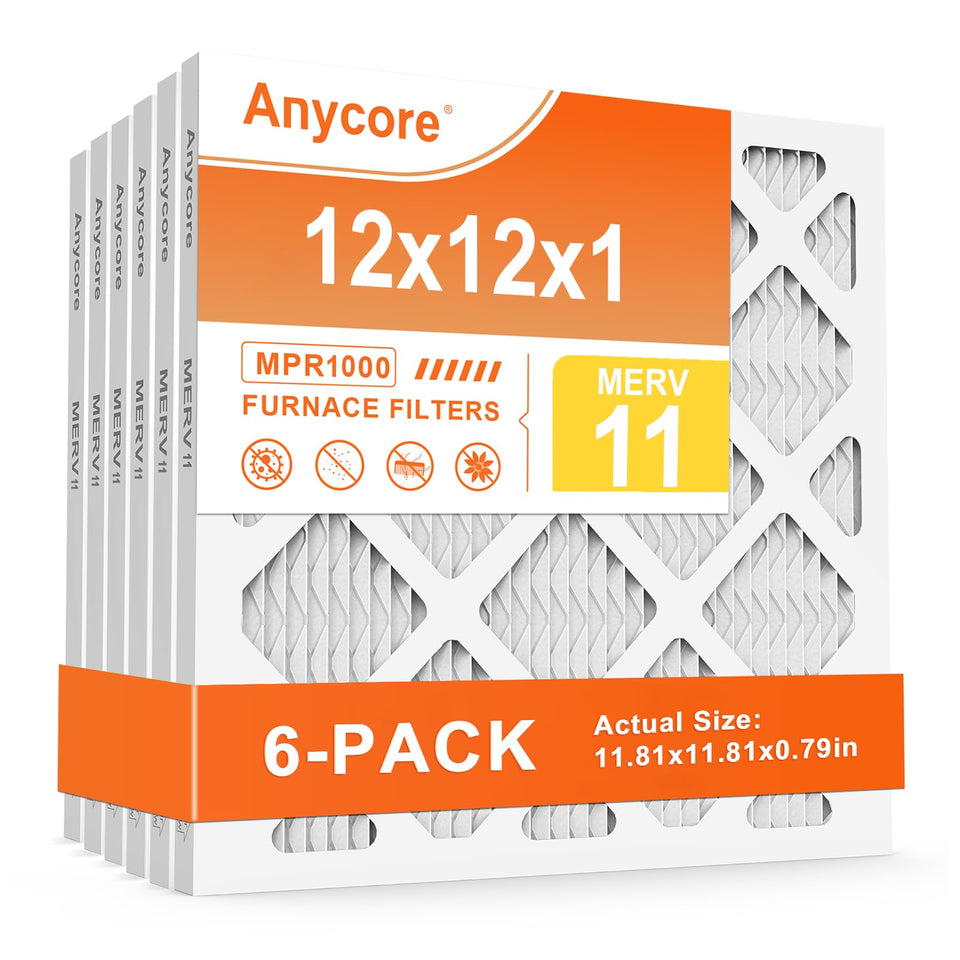 Anycore 12x12x1 filter front view with six-pack for easy tool-free HVAC replacement