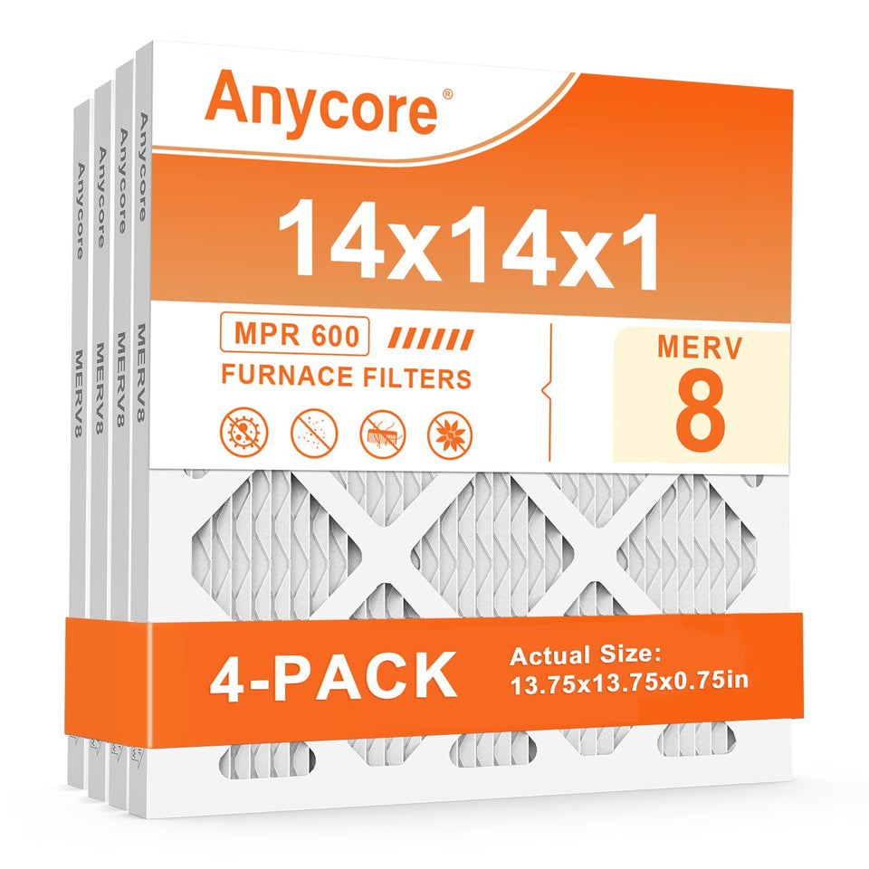 Anycore 14x14x1 air filter close-up with pleated media for improved indoor air quality.