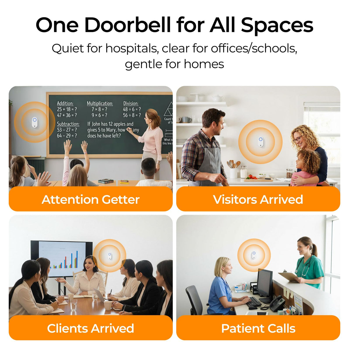 Anyfree use-cases montage illustrates home, office, hospital, and classroom compatibility.