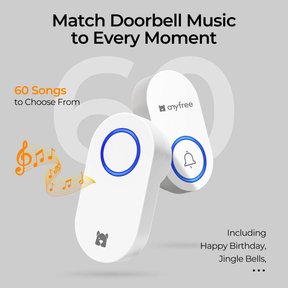 Anyfree waterproof doorbell image emphasizes suitable use in damp or wet settings.