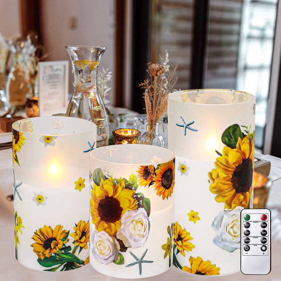 ANYGIFT sunflower decor flameless candle set emits a warm, lifelike glow.